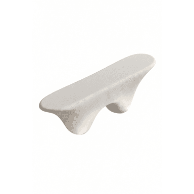 A modern, sculptural bench with a smooth, organic form. It features a single, elongated seating surface that curves gently downwards at the ends, supported by two abstract, leg-like structures. The surface appears textured, and the overall design is minimalist and avant-garde. — 3D model (AI enhanced source)