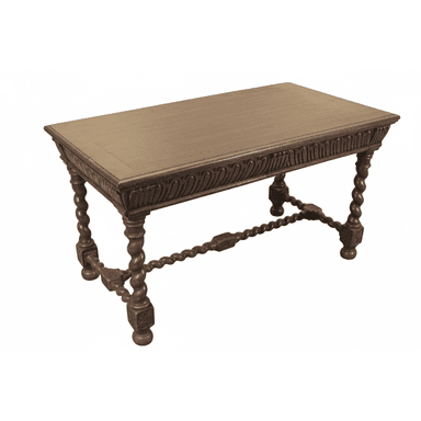 A rectangular console table crafted from dark wood, featuring a deeply carved apron with ornate scrollwork. It stands on four distinctive barley twist legs connected by matching barley twist stretchers, terminating in square blocks and turned feet. The design evokes a traditional, possibly Jacobean Revival aesthetic. — 3D model (AI enhanced source)