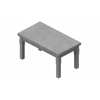 A rectangular dining table constructed from a solid, grey, textured material resembling concrete or stone. The table features a thick rectangular tabletop supported by four substantial, column-style legs that include subtle decorative square blocks near their tops and bases, giving a robust yet refined appearance. — 3D model (AI enhanced source)