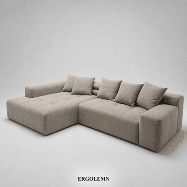 An L-shaped contemporary modular sectional sofa upholstered in a light beige fabric. It features a low profile, wide arms, and loose back cushions. The chaise portion of the sectional has a lightly tufted seat surface, contributing to a comfortable and versatile seating arrangement. — 3D model (AI enhanced source)