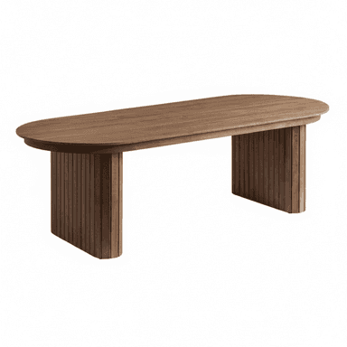 A modern oval wooden coffee table featuring a smooth, rounded racetrack-shaped top and two substantial, rectangular support bases with a vertical fluted or slatted design. — 3D model (AI enhanced source)