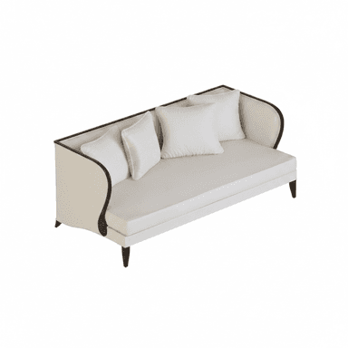 A contemporary daybed featuring an elegant, asymmetrical curved backrest and side, upholstered in light cream fabric, with exposed dark wood trim and tapered legs. Several loose back cushions are included. — 3D model (AI enhanced source)