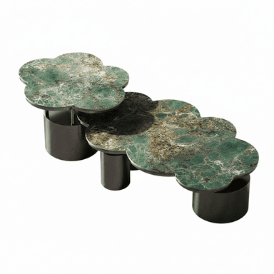 A contemporary coffee table featuring multiple cloud-shaped tops made from green and brown veined marble, supported by dark cylindrical metal bases. The tops are arranged at varying heights and slightly overlap, creating a multi-level surface. — 3D model (AI enhanced source)