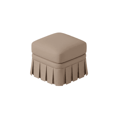 A square, upholstered ottoman featuring a plush top cushion and a continuous box-pleated fabric skirt around its base, all in a neutral beige color. — 3D model (AI enhanced source)