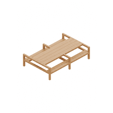 A low, slatted wooden coffee table with a minimalist design. It features a rectangular top made of parallel wooden planks and two open shelves or lower levels supported by a simple frame with square legs. — 3D model (AI enhanced source)