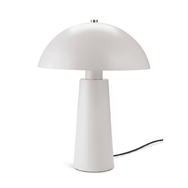 A minimalist white table lamp featuring a distinctive mushroom-shaped dome shade atop a conical base, accented with a small brass detail. — 3D model (AI enhanced source)