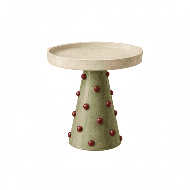 A small pedestal accent table featuring a conical, olive-green base adorned with numerous round, red spherical accents. The base supports a round, tray-like tabletop with a raised lip, finished in a natural light wood or composite material. — 3D model (AI enhanced source)