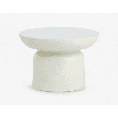 A small, off-white side table with a distinct two-part form: a wide, shallow, dish-like top and a solid, cylindrical base, connected by a subtle, recessed neck. The surface appears to be a textured, matte finish, possibly concrete or a similar composite material. — 3D model (AI enhanced source)