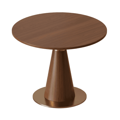 A contemporary round accent table featuring a dark brown wood veneer tabletop and a conical pedestal base, accented with polished brass-toned metal elements. — 3D model (AI enhanced source)