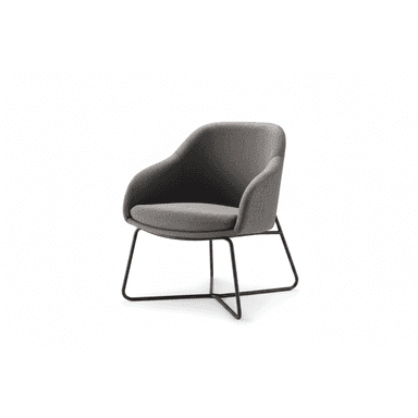 A modern upholstered lounge armchair featuring a curved gray fabric shell with integrated arms and a separate seat cushion, supported by a minimalist black metal sled base. — 3D model (AI enhanced source)