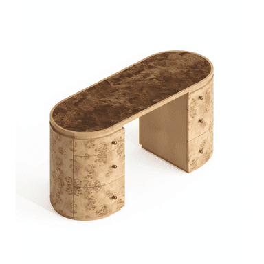 An elegant Art Deco-inspired writing desk featuring an oval tabletop with a dark, textured surface, supported by two rounded pedestals. Each pedestal houses multiple drawers, finished in a distinctive burl wood veneer with brass knob pulls. The design emphasizes curvilinear forms and luxurious materials. — 3D model (AI enhanced source)