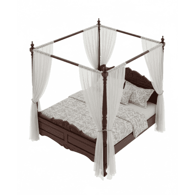 An ornate dark wood four-poster canopy bed with sheer white drapes. The bed frame features intricate carving on the headboard, footboard, and bed posts. The posts are tall and turned, supporting a top frame from which the drapes hang, tied back at the corners. The bedding includes a white mattress, a patterned comforter or duvet with a damask-like design in white and light gray, and matching throw pillows. — 3D model (AI enhanced source)