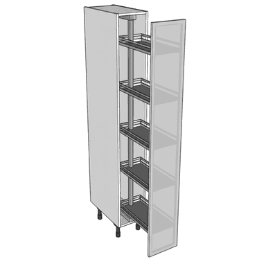 A tall, narrow cabinet, likely for kitchen pantry storage, featuring an internal pull-out mechanism with multiple wire baskets. The exterior is a simple, modern design in light gray, standing on adjustable feet. — 3D model (AI enhanced source)