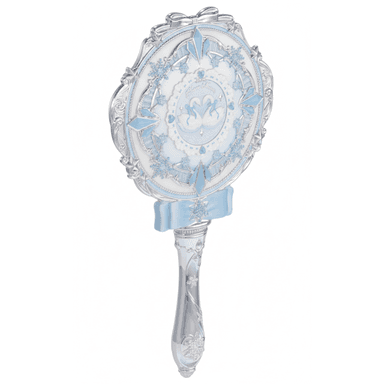 An ornate hand mirror featuring an oval reflective surface encased in an elaborately decorated frame. The frame and handle are silver-toned with intricate scrollwork, filigree, and raised decorative elements. Light blue accents, including crystalline shapes, snowflakes, and a ribbon bow, adorn the frame. The center of the mirror's backplate features a light blue and white emblem with two swans. The handle is slender and sculpted, complementing the decorative frame. — 3D model (AI enhanced source)