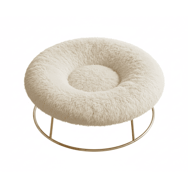 A contemporary circular ottoman featuring a plush, cream-colored faux fur cushion and a minimalist gold-finished metal base. The cushion has a distinctive donut-like shape with a central indentation, providing a soft and inviting surface. The base consists of two intersecting curved metal bars, creating a stable yet open and airy design. — 3D model (AI enhanced source)