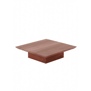 A modern, square-shaped coffee table crafted from reddish-brown wood, featuring a thick tabletop that appears to float above a substantial, square pedestal base. — 3D model (AI enhanced source)