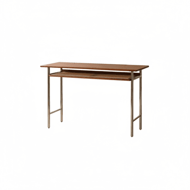 A mid-century modern console table featuring a rectangular wooden tabletop, a lower integrated shelf made of woven cane, and a frame constructed from polished metal tubing forming H-shaped supports. The wood appears to be a warm brown tone, possibly teak or walnut, contrasting with the light, natural texture of the cane and the gleaming silver finish of the metal. — 3D model (AI enhanced source)
