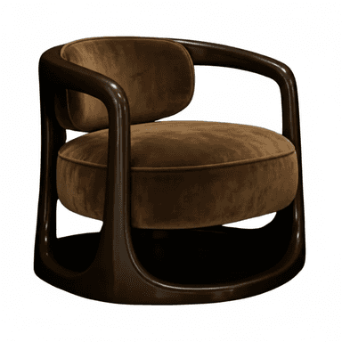 A contemporary barrel-shaped accent chair featuring a glossy dark wood or lacquered frame that seamlessly transitions from armrests to the base. It is upholstered with plush, round brown velvet cushions for the seat and backrest. — 3D model (AI enhanced source)