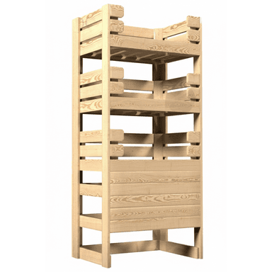 A tall, narrow shelving unit constructed from light-colored wood. It features multiple open shelves with slatted sides, creating a tiered structure. The construction appears robust with visible joinery. The overall design is functional and minimalist. — 3D model (AI enhanced source)