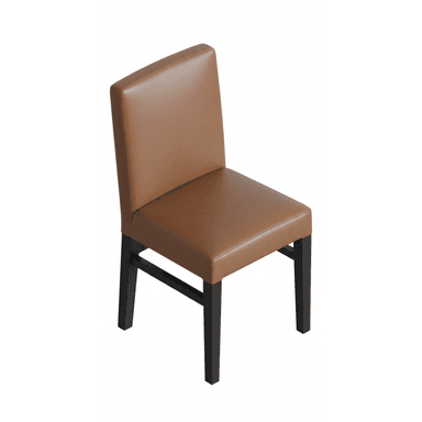 A modern upholstered dining chair featuring a padded brown faux leather seat and a gently curved backrest. The chair is supported by four sturdy, square-profile black wooden legs, creating a clean and contemporary silhouette. — 3D model (AI enhanced source)