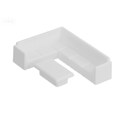 A miniature, minimalist L-shaped sectional sofa paired with a rectangular coffee table, both rendered in a uniform white color. The sectional features defined seat cushions, backrests, and block-style armrests, indicating a modular or contemporary design. The coffee table is a simple, solid form with a flat top and a recessed base. The items are presented as models, likely for architectural planning, interior design visualization, or as decorative objects. — 3D model (AI enhanced source)