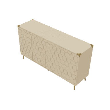 A long, rectangular sideboard featuring a contemporary design with a repetitive geometric honeycomb pattern across its four cabinet doors. The main body is a neutral cream or beige color, complemented by slender, angled brass-toned metal legs and matching brass corner accents on the top surface. — 3D model (AI enhanced source)