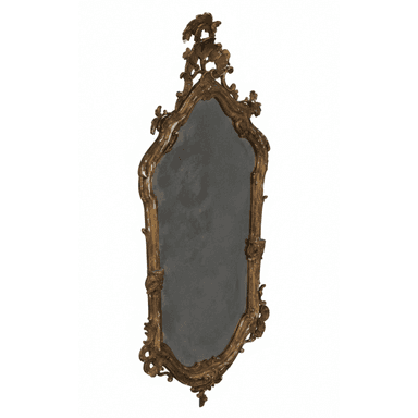 A vintage ornate mirror with a carved wooden frame. The frame features Rococo-inspired scrolling acanthus leaves and floral motifs. The mirror glass has a dark, aged appearance. It is designed for wall mounting, with decorative elements at the top and bottom. — 3D model (AI enhanced source)