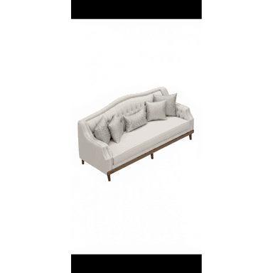 A tufted sofa with a curved back and a wooden frame. The sofa is upholstered in a light-colored fabric and comes with four decorative throw pillows in various silver and grey textured patterns. The base has visible wooden legs and a complementary wooden trim along the bottom of the upholstered frame. — 3D model (AI enhanced source)