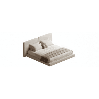 A modern upholstered platform bed featuring a low-profile design and an integrated split headboard. The entire frame is covered in a light beige, textured fabric. The headboard consists of two separate, slightly angled panels. — 3D model (AI enhanced source)