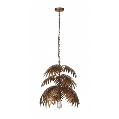 A botanical-themed pendant light featuring multiple tiers of metal leaves, designed to resemble palm fronds, suspended by a chain. The fixture has an antique brass or bronze finish and houses a single exposed light bulb at its base. It is designed to be ceiling-mounted with a matching canopy. — 3D model (AI enhanced source)
