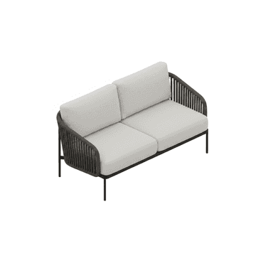 A contemporary two-seater sofa designed for outdoor use, featuring a robust black metal frame with slender, tapered legs. The backrest and armrests are crafted from dark grey woven synthetic rope, creating an open, slatted pattern that adds visual texture. The sofa includes two thick, off-white upholstered seat cushions and two matching back cushions, providing comfortable seating. Its design emphasizes clean lines and modern aesthetics, suitable for various exterior settings. — 3D model (AI enhanced source)