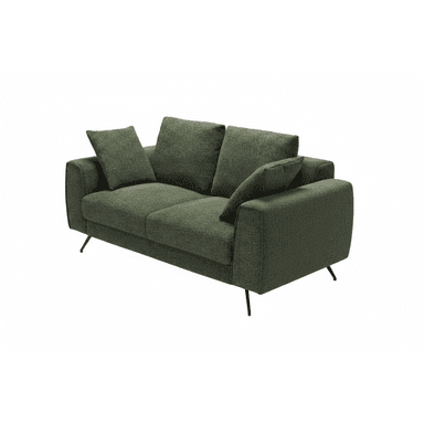A two-seater sofa with a modern design, upholstered in a textured green fabric. It features a low profile, straight lines, and loose back cushions for comfort. The sofa is supported by slim, black metal legs. — 3D model (AI enhanced source)