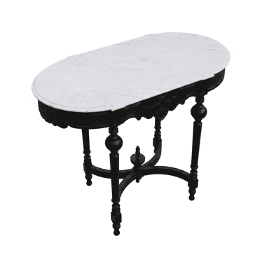 An oval console table with a white marble top and a black, ornately carved wooden base and legs. The base features intricate scrollwork and beading, and the legs are turned and shaped with bulbous sections. A decorative stretcher connects the legs. — 3D model (AI enhanced source)