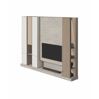 A contemporary wall-mounted media console unit featuring a multi-material design. It includes a central recess for a television and soundbar, flanked by a combination of closed cabinet storage with white lacquered fronts and open display shelving integrated into light wood veneer panels. The main back panel and base appear to be a textured light-colored stone or concrete material. — 3D model (AI enhanced source)