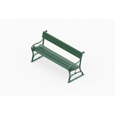 A traditional outdoor bench featuring a dark green finish, composed of parallel wooden slats for the seat and backrest, supported by decorative cast metal end frames with scrollwork armrests. — 3D model (AI enhanced source)