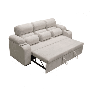 A light-colored sofa bed with a pull-out sleeping surface and integrated cup holders on the armrests. The sofa features plush cushioning and includes lumbar support pillows. The frame appears to be constructed from metal for the pull-out mechanism, while the upholstery is fabric. — 3D model (AI enhanced source)