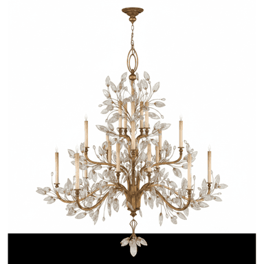 A multi-tiered chandelier with a gold-toned metal frame, designed to resemble branches with leaves. It features multiple candle-style lights and is adorned with clear, faceted crystal elements that mimic leaves and droplets. The overall aesthetic is ornate and nature-inspired. — 3D model (AI enhanced source)