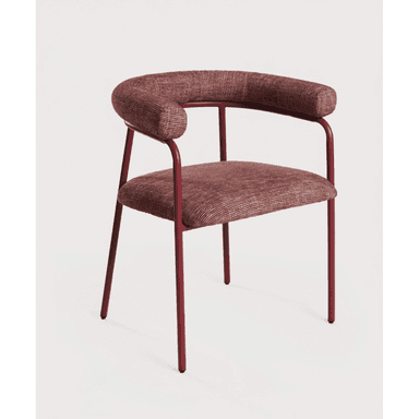 A modern dining chair featuring a tubular metal frame and upholstered seat and back/armrests. The frame and upholstery are a consistent burgundy color. The backrest and armrests form a continuous, rounded element. — 3D model (AI enhanced source)