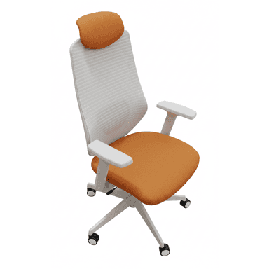 A white and orange ergonomic office chair featuring a high mesh backrest, an upholstered seat cushion, an upholstered headrest, adjustable white armrests, and a five-star base with casters for mobility. The chair combines functional design with a contemporary aesthetic. — 3D model (AI enhanced source)