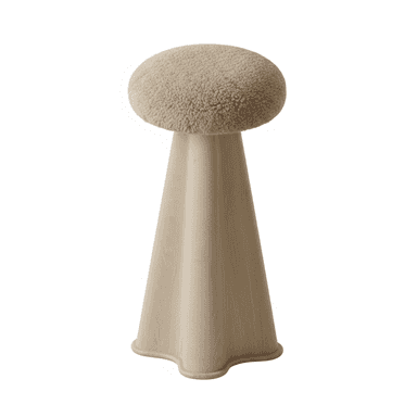 A tall, modern pedestal stool featuring a round, fluffy boucle upholstered seat in a light beige color, supported by a sculptural, flared wooden base with an organic, undulating silhouette. The base is crafted from light-toned wood with visible grain, tapering upwards to meet the seat and widening towards a subtly curved bottom edge. — 3D model (AI enhanced source)