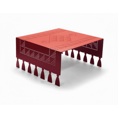 A low, rectangular coffee table constructed from red perforated metal. It features intricate geometric patterns on its top and sides, and its edges are cut into decorative tassel shapes which also serve as its support structure. — 3D model (AI enhanced source)