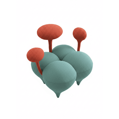 A whimsical and modern sculptural seating unit, featuring four organically shaped, rounded teal textile cushions forming the base. From these cushions, three upright, mushroom-like forms with textured orange textile rise, serving as backrests or decorative elements. The piece exhibits an abstract, playful design aesthetic. — 3D model (AI enhanced source)