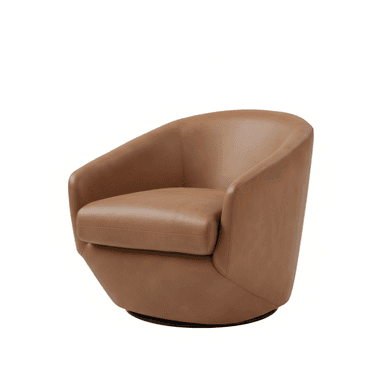 A modern barrel-back swivel armchair upholstered in tan or caramel-colored leather, featuring a low profile and a discreet black circular swivel base. — 3D model (AI enhanced source)