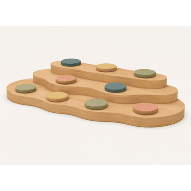 A multi-tiered, wavy, light wood structure featuring nine circular, upholstered cushions in various pastel colors (green, yellow, blue, pink). The structure has an organic, fluid design with three distinct levels or waves. — 3D model (AI enhanced source)