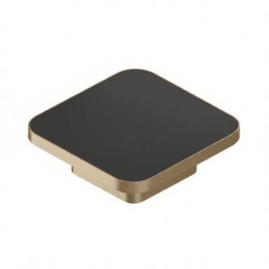 A sleek, modern square display pedestal featuring a black matte top surface with gently rounded corners, set upon a short, brushed brass-finished base. The design is minimalist and contemporary. — 3D model (AI enhanced source)