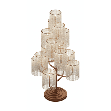 A tall, ornate floor lamp featuring a tree-like metal frame with a bronze or copper-toned finish, supporting multiple cylindrical light shades. Each shade is elaborately adorned with cascading crystal beads, creating a shimmering, luxurious effect. The lights are arranged in tiers, creating a multi-level illumination. The lamp stands on a robust, stepped round base that matches the metallic finish of the frame, providing stability and contributing to its grand aesthetic. — 3D model (AI enhanced source)