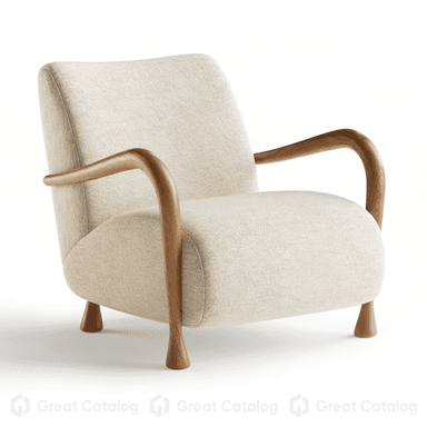 A modern upholstered lounge chair featuring a light-colored fabric and a distinct wooden frame. The chair has a generously padded seat and backrest, presenting a comfortable, inviting appearance. Its armrests are crafted from light-toned wood, gracefully curving downwards from the backrest to meet the front of the seat. The chair stands on four tapered wooden legs that extend from the base and armrests, maintaining a consistent wood finish. The overall aesthetic is clean and contemporary, with soft lines. — 3D model (AI enhanced source)