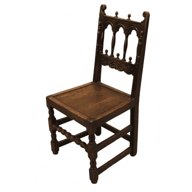 A dark-stained wooden side chair featuring a solid plank seat, turned legs with stretchers, and an intricately carved backrest with arched elements, turned spindles, and decorative finials. — 3D model (AI enhanced source)