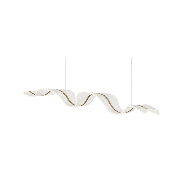 A long, linear suspension light characterized by a flowing, wavy ribbon-like form. It features integrated LED lighting along its edges and a metallic, gold-toned accent stripe running along its length, suspended by thin wires. — 3D model (AI enhanced source)