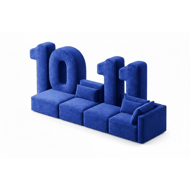 A digitally rendered modular sectional sofa in a vibrant blue upholstered fabric, configured into a long seating arrangement. The design incorporates large, similarly upholstered numbers '10' and '11' as backrests or decorative elements behind the sofa units. The individual sofa modules feature clean, blocky lines and include additional throw cushions for comfort. The overall aesthetic is contemporary and playful, suggesting a promotional or conceptual design. — 3D model (AI enhanced source)